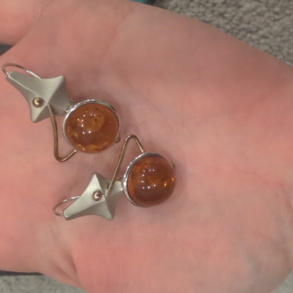 Amber Orb Silver Star Drop Earrings - Honey Amber - Picture 7 of 8